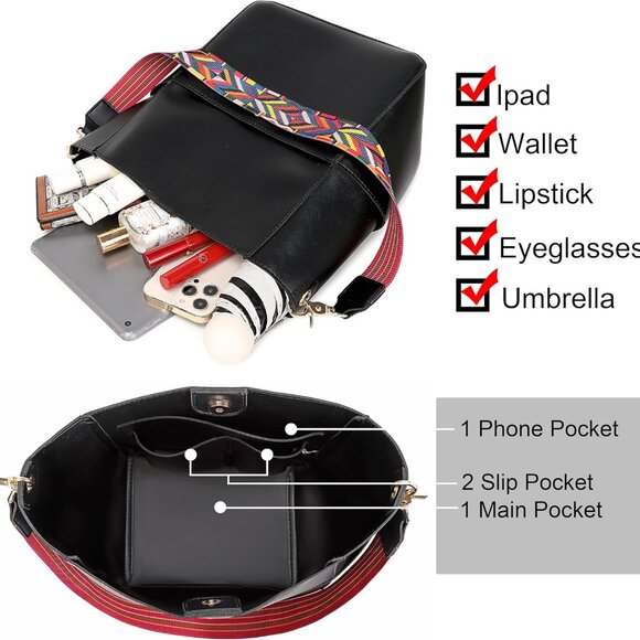 Women Bucket Purse PU Leather Adjustable Strap Hobo Bag Crossbody Stylish - Picture 4 of 5